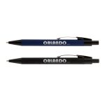 A set of two metal pens in navy blue and black, featuring a logo on the barrel.