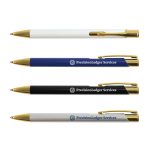 A collection of metal pens in white, blue, black, and silver, each featuring gold trim and a logo.
