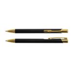 A black metal pen with gold accents, featuring a clip and a sleek design. Includes a logo.