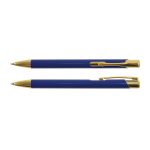 A set of two metal pens in a deep blue color with gold accents, featuring a sleek design and a clip for easy carrying.