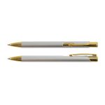A gold-edition metal pen with a sleek silver body and a shiny gold clip and tip. It features a logo.
