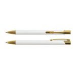 A gold edition metal pen with a sleek white body and gold accents, positioned above another identical pen.
