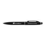 A metal pen in black with a clip and a stylus tip, featuring branding on the side.