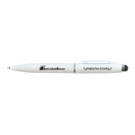 A metal pen in white with a clip and a black tip, featuring a logo and text design.