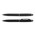 A black metal pen is displayed horizontally, featuring a sleek design with silver accents and a logo.