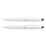 A white metal pen with a sleek design, featuring a glossy finish and chrome accents.