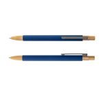 A set of blue metal pens with bamboo accents and silver clips. Each pen features a different design.