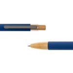 A blue metal pen with a bamboo accent and a silver clip. The pen features a smooth, streamlined design.