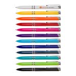 A collection of multicoloured pens in various shades, featuring a silver trim and branding on some.