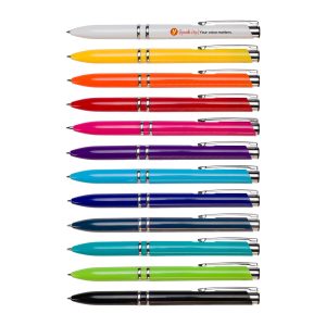 A collection of multicoloured pens in various shades, featuring a silver trim and branding on some.