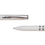 A pen in white with a metallic clip and accents, featuring a smooth tip and a sleek design.