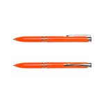 An orange pen with silver accents and a clip, featuring a logo on the body.