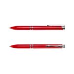A red pen with a shiny finish and silver accents, featuring a clip and a smooth writing tip.