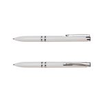 A white recycled ABS pen with chrome accents, featuring a clip and smooth finishes. It includes a logo.