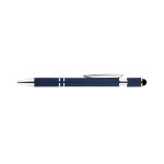 A navy blue spinner pen with a silver clip and accents, featuring a textured grip and a branding logo.