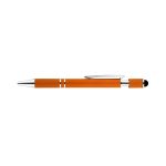 An orange spinner pen with a silver clip and accents, featuring a stylus tip. It has a sleek, modern design.