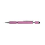 A pink spinner pen with a textured grip and metallic accents. It features a clip and a stylus tip.