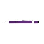 A purple spinner pen with a silver clip and accents, featuring a textured grip and a stylus tip.
