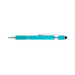 A turquoise pen with a silver clip and tip, featuring a textured grip and a stylus on the end.