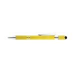 A yellow pen with a sleek design, featuring a silver clip and a grip section. It has a logo on the body.