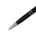 A black aluminium pen with a sleek design and silver accents, featuring a textured grip and a logo.