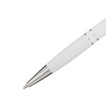 A white aluminium pen with a textured grip and metallic accents, featuring a logo on the barrel.