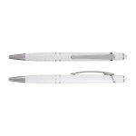 A white aluminium pen with silver accents, featuring a grooved grip and a clip. The pen has a sleek, modern design.