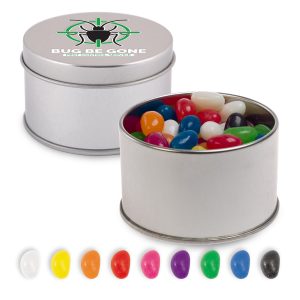 A silver round tin filled with assorted colour mini jelly beans, featuring a variety of bright hues.