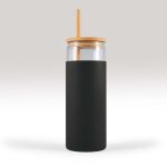 A glass tumbler with a black silicone sleeve, a bamboo lid, and a straw.