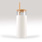A Pisa Glass Tumbler featuring a clear glass body, a bamboo lid, and a straw, complemented by a white sleeve.