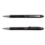 A metal pen set featuring sleek black finishes with silver detailing and a logo.