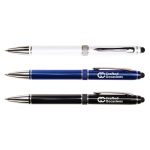 A set of three Columbia Aluminium Pens in white, blue, and black, featuring silver accents and logos.