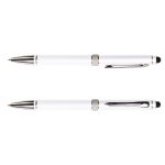 A metal pen with a sleek white body and chrome accents, featuring a smooth writing tip and a stylus for touchscreens.