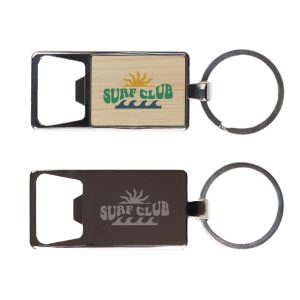 A drink bottle opener keytag featuring a wooden design and black metal finish, with a circular keyring attachment.