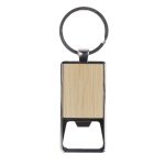 A drink bottle opener keytag with a rectangular wooden panel and a silver metal keyring.