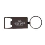 A drink bottle opener keytag in silver with a round keyring and a surf club logo.