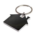 A house-shaped stainless steel keytag with a silver keyring.