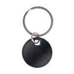 A Circle Stainless Steel Keytag with a sleek black circular design attached to a metal keyring.