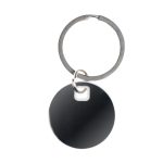 A circular black stainless steel keytag attached to a silver key ring.