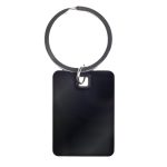 A rectangle stainless steel keytag featuring a sleek black design and a metal keyring for attachment.