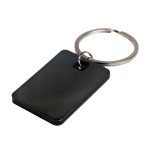 A rectangle stainless steel keytag with a sleek black finish and a metal keyring attached.