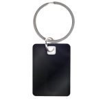 A rectangle stainless steel keytag with a smooth black surface, attached to a metal keyring.