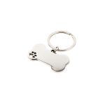 A silver dog bone keytag with a keyring attachment. The tag is shaped like a bone, featuring a pet paw design.