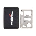 A Bionic Multi Tool with a stainless steel finish placed next to a black pouch, featuring a logo.