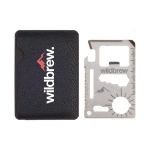 A Bionic Multi Tool with a stainless steel finish placed next to a black pouch, featuring a logo.