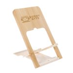 A bamboo phone stand with a cut-out for resting a phone and a logo that reads "BUDDY BYTE."