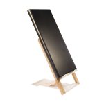 A black phone stand made of wood, featuring a simple design with a triangular base for support.