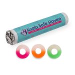 Assorted fruit-flavoured gummy rings in pink, orange, and green, packaged in a cylindrical wrapper with a logo.