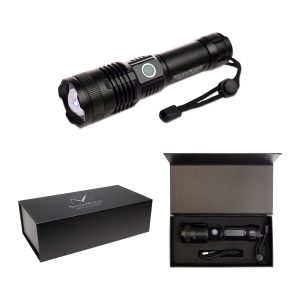 A black rechargeable torch with a wrist strap, presented in a sleek box with a protective insert.