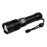 A rechargeable torch with a sleek black design, featuring a push-button and an attached strap for convenience.